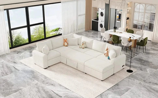 Cream Tweed Chenille Sectional Sofa with Pull-out Bed and Storage Ottoman, 112.2' for Living Room Default -DTYStore