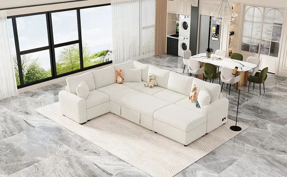 Cream Tweed Chenille Sectional Sofa with Pull-out Bed and Storage Ottoman, 112.2' for Living Room Default -DTYStore