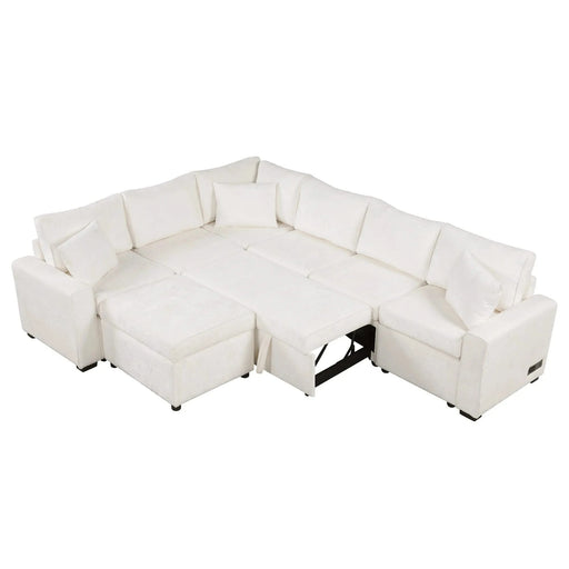 Cream Tweed Chenille Sectional Sofa with Pull-out Bed and Storage Ottoman, 112.2' for Living Room Default -DTYStore