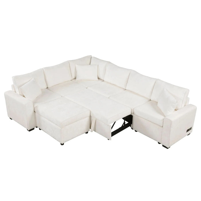 Cream Tweed Chenille Sectional Sofa with Pull-out Bed and Storage Ottoman, 112.2' for Living Room Default -DTYStore