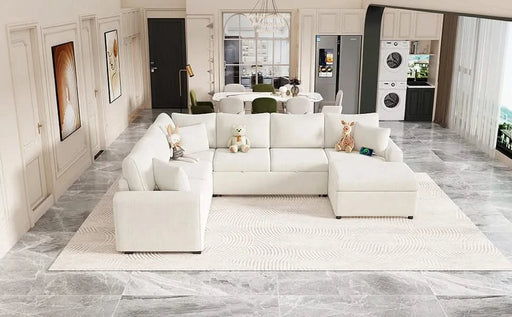 Cream Tweed Chenille Sectional Sofa with Pull-out Bed and Storage Ottoman, 112.2' for Living Room Default -DTYStore