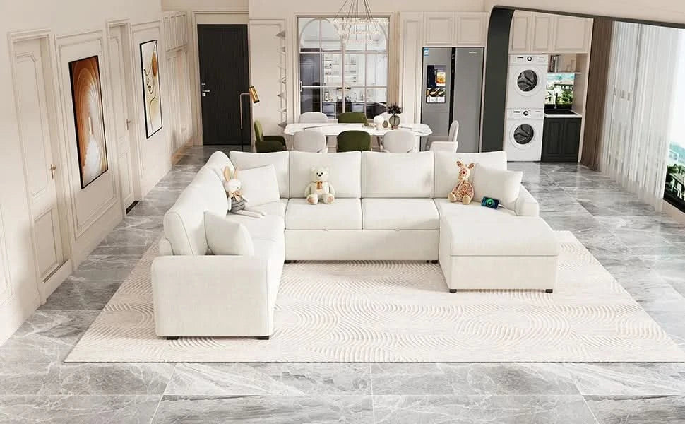 Cream Tweed Chenille Sectional Sofa with Pull-out Bed and Storage Ottoman, 112.2' for Living Room Default -DTYStore