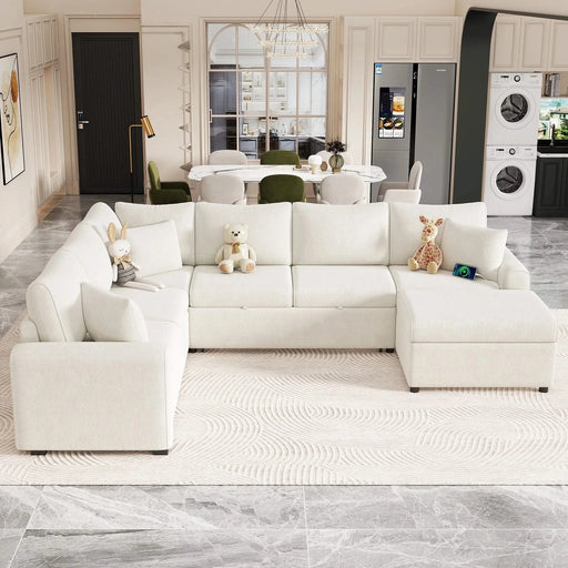 Cream Tweed Chenille Sectional Sofa with Pull-out Bed and Storage Ottoman, 112.2' for Living Room Default -DTYStore