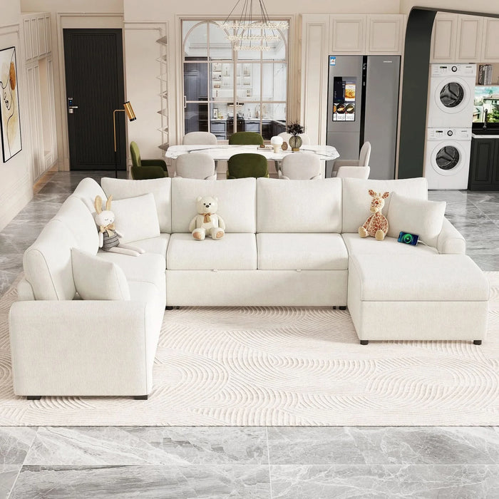 Cream Tweed Chenille Sectional Sofa with Pull-out Bed and Storage Ottoman, 112.2' for Living Room Default -DTYStore