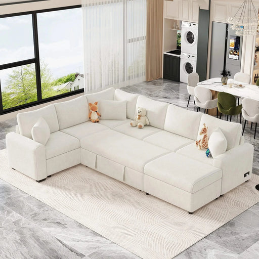 Cream Tweed Chenille Sectional Sofa with Pull-out Bed and Storage Ottoman, 112.2' for Living Room Default -DTYStore