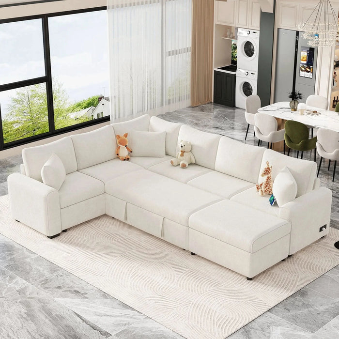 Cream Tweed Chenille Sectional Sofa with Pull-out Bed and Storage Ottoman, 112.2' for Living Room Default -DTYStore