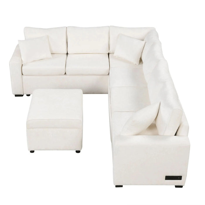 Cream Tweed Chenille Sectional Sofa with Pull-out Bed and Storage Ottoman, 112.2' for Living Room Default -DTYStore