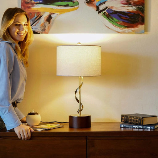 Creative Solid Wood Nightstand Desk Lamp with Twisted Metal and Linen Shade, 110V, 22 Inch Default -DTYStore