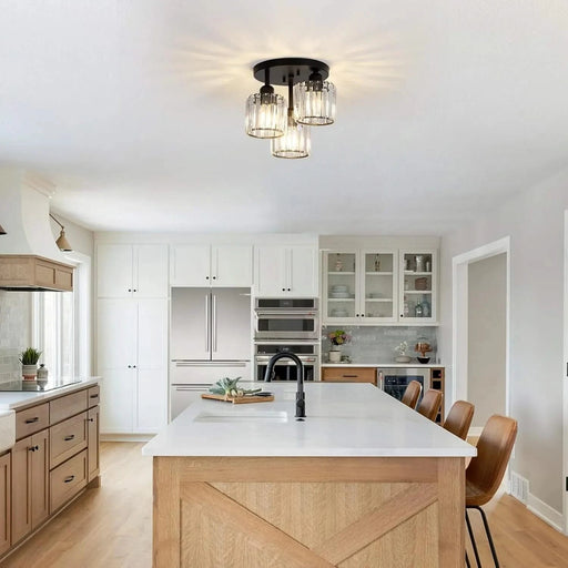 Crystal Semi Flush Mount Ceiling Light,3-Light Modern Close to Ceiling Light Fixtures,Black Kitchen Light Fixtures with Clear Crystal Shade,Hallway Light Fixtures for Hallway Bedroom Bathroom Default -DTYStore