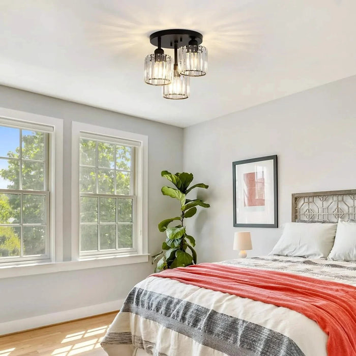 Crystal Semi Flush Mount Ceiling Light,3-Light Modern Close to Ceiling Light Fixtures,Black Kitchen Light Fixtures with Clear Crystal Shade,Hallway Light Fixtures for Hallway Bedroom Bathroom Default -DTYStore