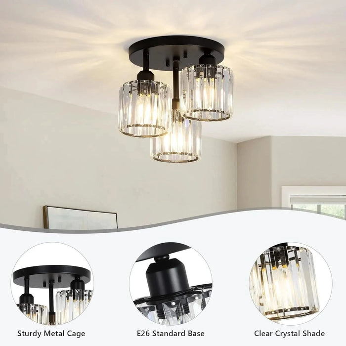 Crystal Semi Flush Mount Ceiling Light,3-Light Modern Close to Ceiling Light Fixtures,Black Kitchen Light Fixtures with Clear Crystal Shade,Hallway Light Fixtures for Hallway Bedroom Bathroom Default -DTYStore