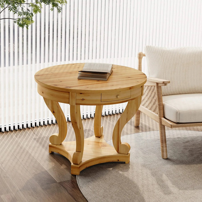 Curved Legs Farmhouse Style Small Size Round Dining Table End Table Side Table Coffee Table for Dinette, Kitchen, Dining Room or Living Room, Natural Wood Default -DTYStore