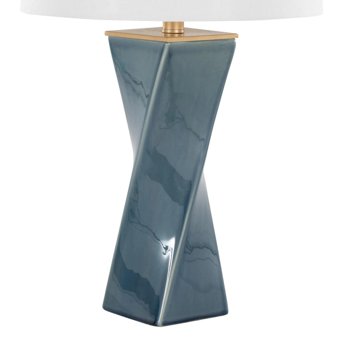 Curvo Square Contemporary 27' Ceramic Table Lamp in Blue Ceramic, Gold Metal, and White Linen by LumiSource Default -DTYStore