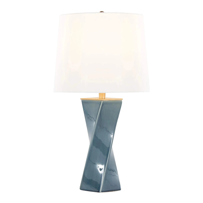 Curvo Square Contemporary 27' Ceramic Table Lamp in Blue Ceramic, Gold Metal, and White Linen by LumiSource Default -DTYStore