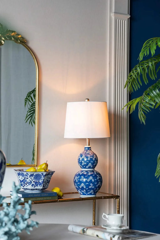 D13x25.7' Blue and White Round Two-Tiered Ceramic Vase Lamp Default -DTYStore