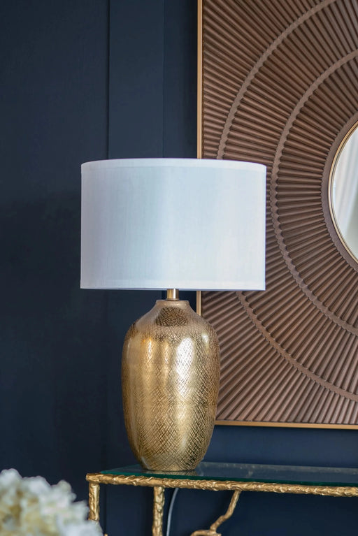 D15x25.7' Round Aluminum Sheet Gold Table Lamp with White Fabric Shade (Lamp Shade Assembly Required) Default -DTYStore