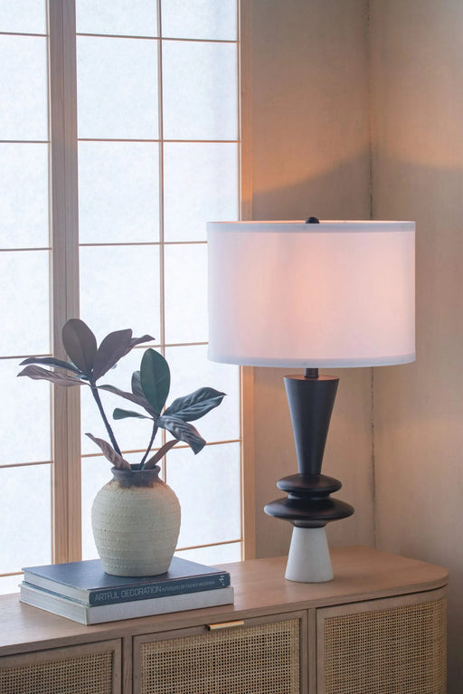 D15x26.7' Black Aluminum Table Lamp with Two Varying Disc Accents and White Shade(Lamp Shade Assembly Required) Default -DTYStore
