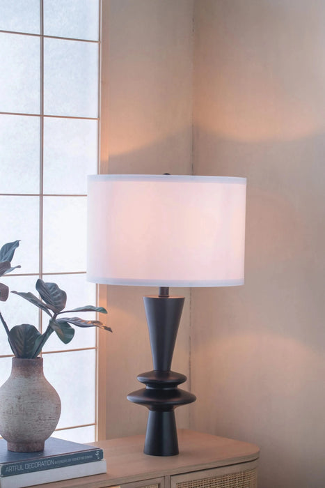 D15x26.7' Black Aluminum Table Lamp with Two Varying Round Accents and White Drum Shade(Lamp Shade Assembly Required) Default -DTYStore