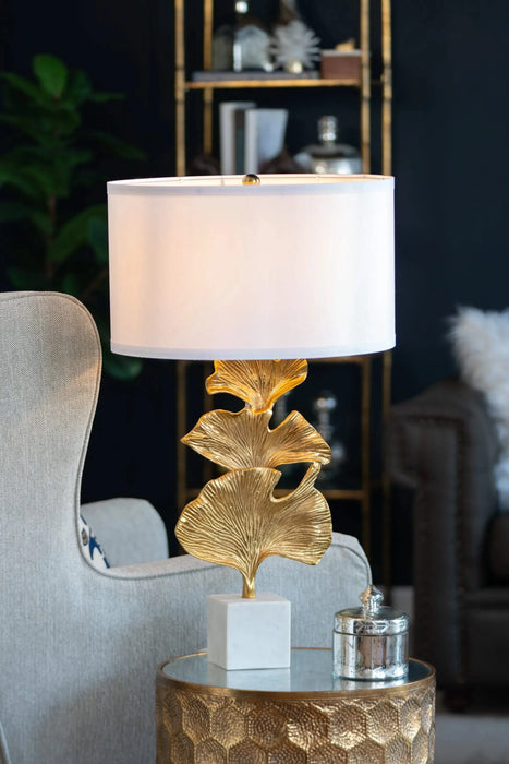 D17x30.2' Gold Ginkgo Leaf Table Lamp with Marble Base and White Drum Shade (Lamp Shade Assembly Required) Default -DTYStore