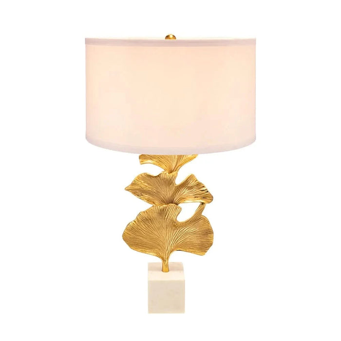 D17x30.2' Gold Ginkgo Leaf Table Lamp with Marble Base and White Drum Shade (Lamp Shade Assembly Required) Default -DTYStore