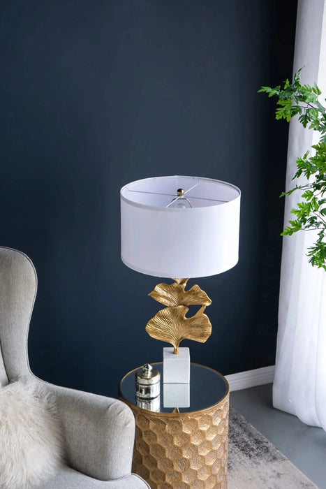 D17x30.2' Gold Ginkgo Leaf Table Lamp with Marble Base and White Drum Shade (Lamp Shade Assembly Required) Default -DTYStore