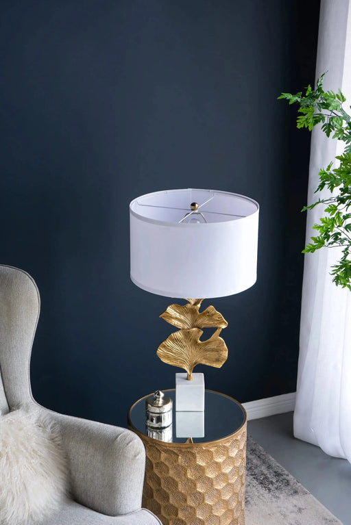 D17x30.2' Gold Ginkgo Leaf Table Lamp with Marble Base and White Drum Shade (Lamp Shade Assembly Required) Default -DTYStore