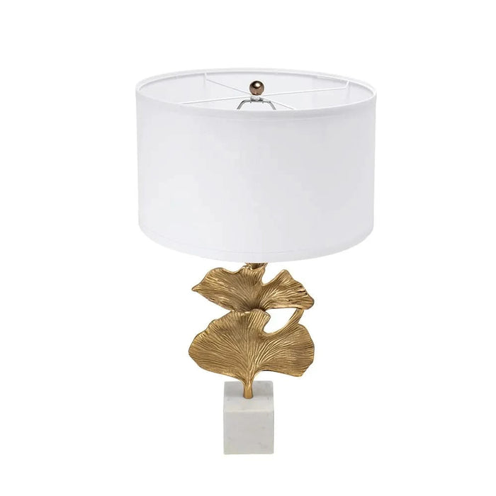 D17x30.2' Gold Ginkgo Leaf Table Lamp with Marble Base and White Drum Shade (Lamp Shade Assembly Required) Default -DTYStore