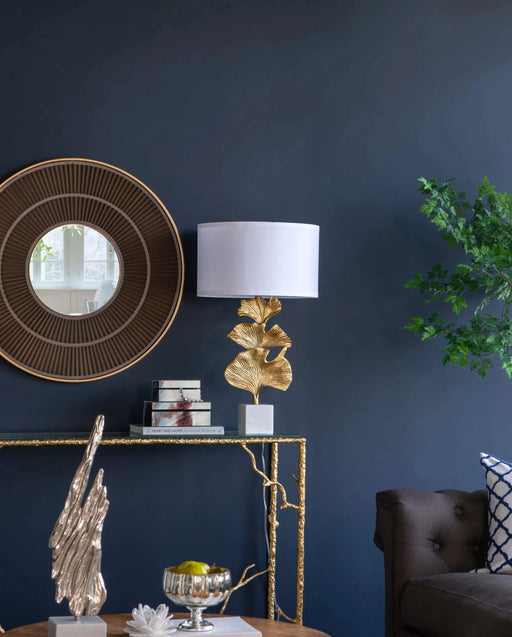 D17x30.2' Gold Ginkgo Leaf Table Lamp with Marble Base and White Drum Shade (Lamp Shade Assembly Required) Default -DTYStore