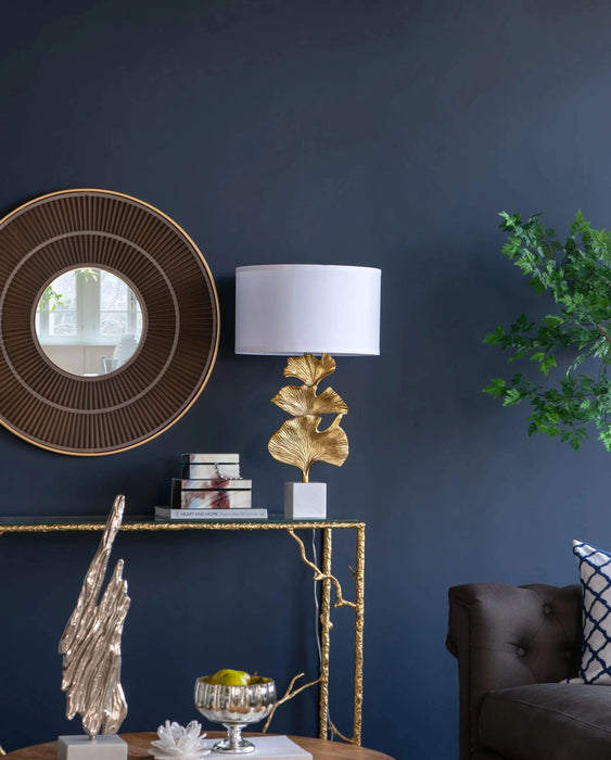 D17x30.2' Gold Ginkgo Leaf Table Lamp with Marble Base and White Drum Shade (Lamp Shade Assembly Required) Default -DTYStore