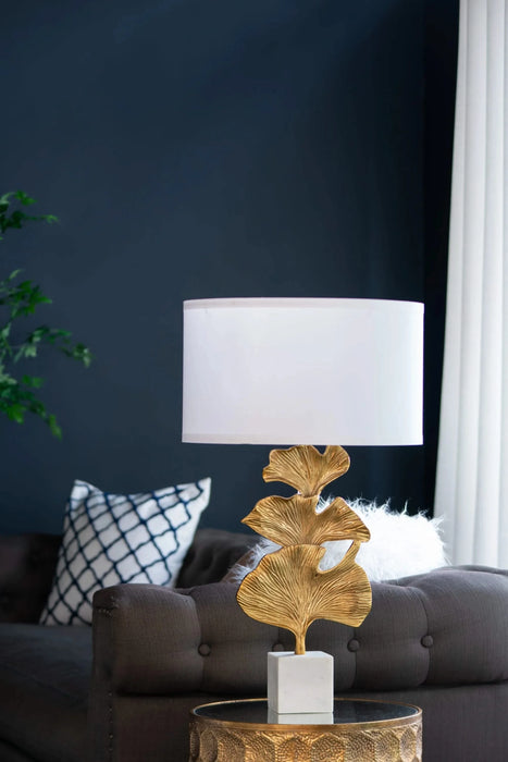 D17x30.2' Gold Ginkgo Leaf Table Lamp with Marble Base and White Drum Shade (Lamp Shade Assembly Required) Default -DTYStore