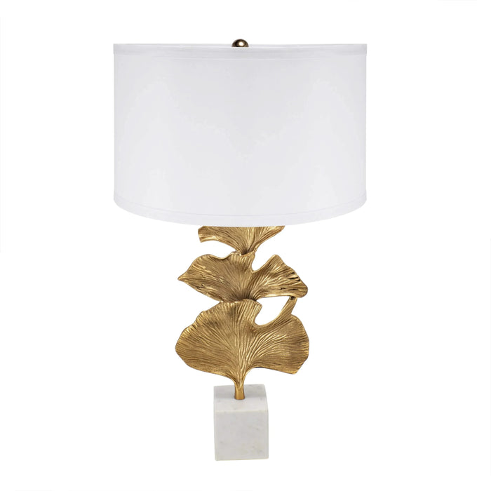 D17x30.2' Gold Ginkgo Leaf Table Lamp with Marble Base and White Drum Shade (Lamp Shade Assembly Required) Default -DTYStore