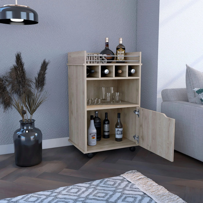 DEPOT E-SHOP Sims 35' H Bar Cart with Two Shelves four Wine Cubbies and One Cabinet,Light Pine -DTYStore