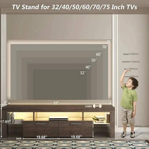 DFW Modern LED TV Stand with Large Storage Drawer for 40 50 55 60 65 70 75 Inch TVs, Brown Wood Farmhouse TV Console with Glossy Entertainment Center for Living Room, Bedroom Default -DTYStore