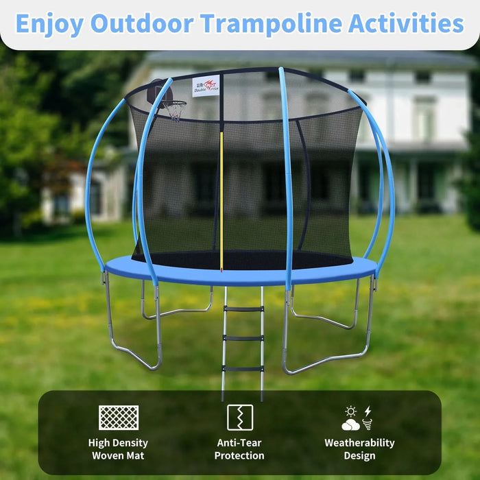 DOUBLE FISH 12ft Foldable Mini Trampoline Fitness Rebounder with Handrail for Adults, 400 Lbs Capacity, Blue Round Iron Frame, Compact & Portable for Home Workouts Default -DTYStore
