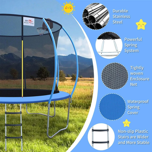 DOUBLE FISH 12ft Foldable Mini Trampoline Fitness Rebounder with Handrail for Adults, 400 Lbs Capacity, Blue Round Iron Frame, Compact & Portable for Home Workouts Default -DTYStore