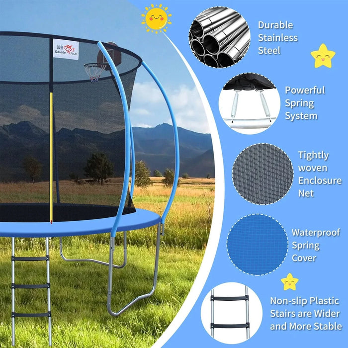 DOUBLE FISH 12ft Foldable Mini Trampoline Fitness Rebounder with Handrail for Adults, 400 Lbs Capacity, Blue Round Iron Frame, Compact & Portable for Home Workouts Default -DTYStore