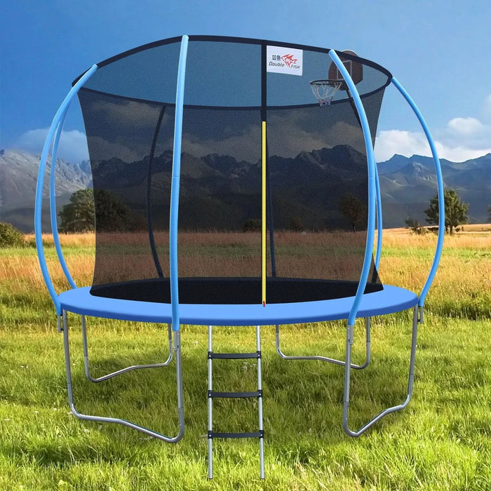 DOUBLE FISH 12ft Foldable Mini Trampoline Fitness Rebounder with Handrail for Adults, 400 Lbs Capacity, Blue Round Iron Frame, Compact & Portable for Home Workouts Default -DTYStore
