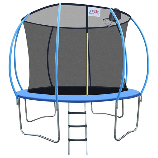 DOUBLE FISH 12ft Foldable Mini Trampoline Fitness Rebounder with Handrail for Adults, 400 Lbs Capacity, Blue Round Iron Frame, Compact & Portable for Home Workouts Default -DTYStore