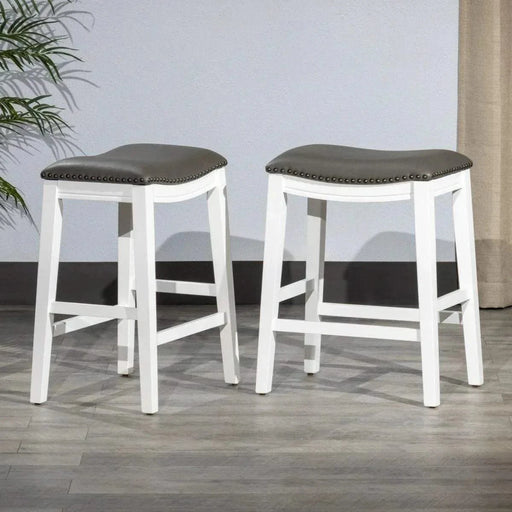 DTY Indoor Living Aurora Saddle Stool -25" Counter Stool or 29" Barstool, Set of 2 Dark Gray Faux Leather White -DTYStore