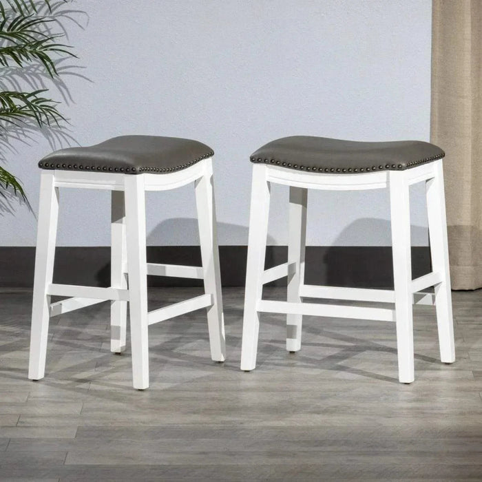DTY Indoor Living Aurora Saddle Stool -25" Counter Stool or 29" Barstool, Set of 2 Dark Gray Faux Leather White -DTYStore