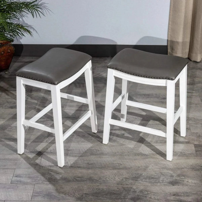 DTY Indoor Living Aurora Saddle Stool -25" Counter Stool or 29" Barstool, Set of 2 Dark Gray Faux Leather White -DTYStore