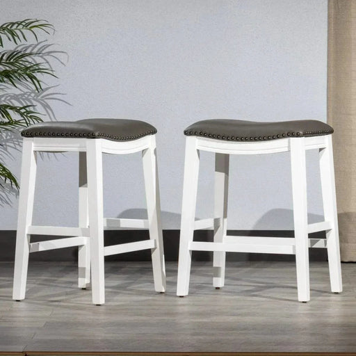 DTY Indoor Living Aurora Saddle Stool -25" Counter Stool or 29" Barstool, Set of 2 Dark Gray Faux Leather White -DTYStore