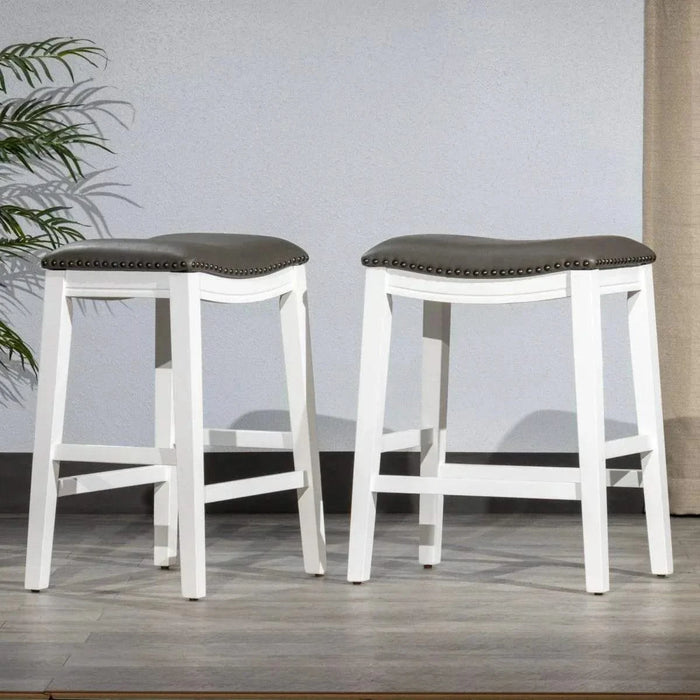 DTY Indoor Living Aurora Saddle Stool -25" Counter Stool or 29" Barstool, Set of 2 Dark Gray Faux Leather White -DTYStore