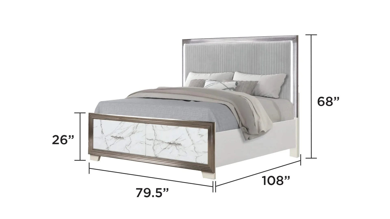 Desire King 5-Piece Bedroom Set – LED Upholstered Bed, Marble-Fronted Storage Units, and Metallic Accents for a Complete and Luxurious Bedroom Makeover Default -DTYStore