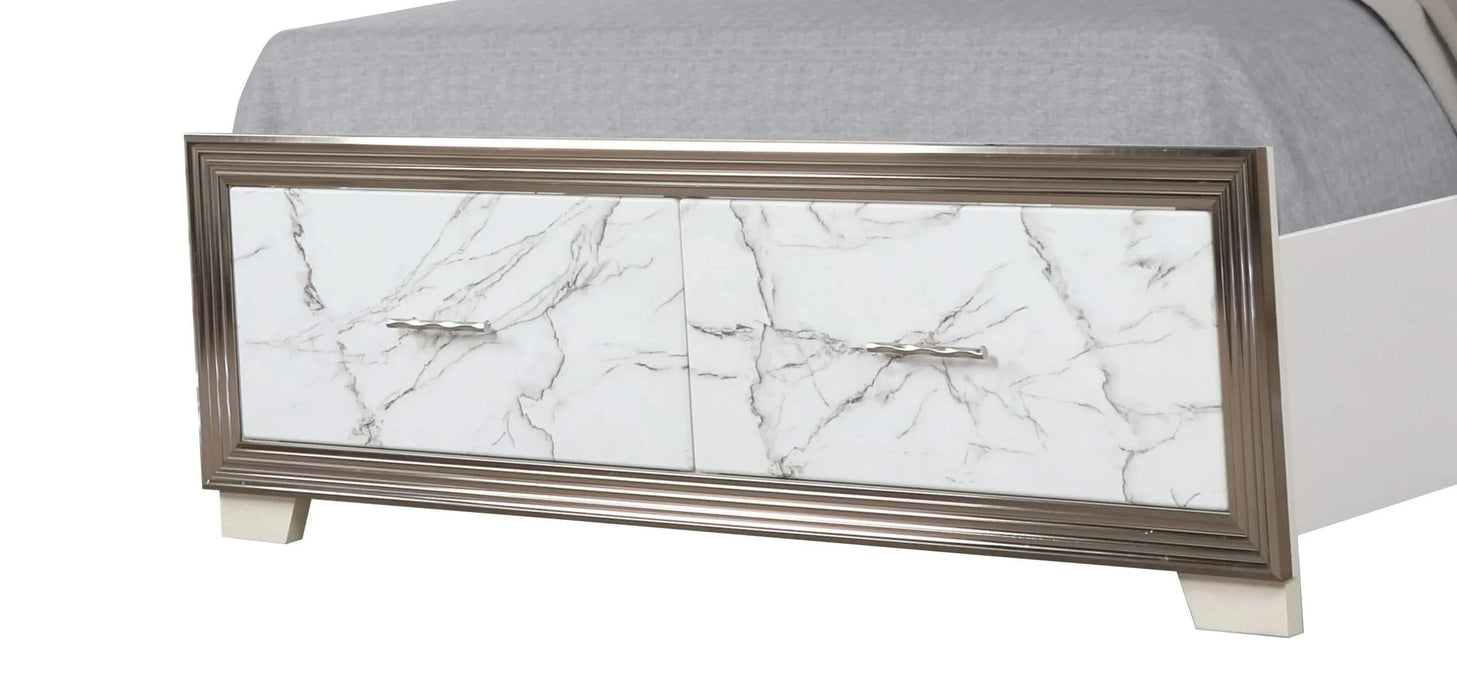 Desire Queen 4-Piece Bedroom Set – LED Upholstered Bed, Marble-Finished Storage, and Metallic Trim for a Sophisticated Contemporary Retreat Default -DTYStore