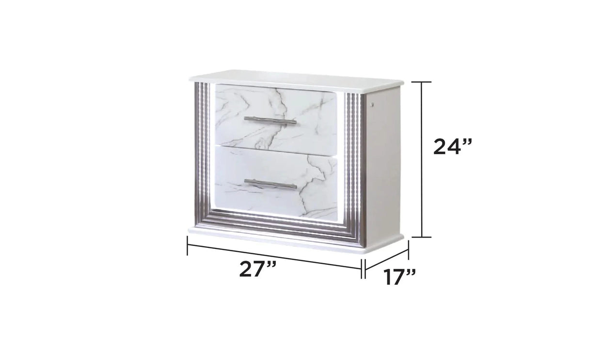 Desire Queen 4-Piece Bedroom Set – LED Upholstered Bed, Marble-Finished Storage, and Metallic Trim for a Sophisticated Contemporary Retreat Default -DTYStore