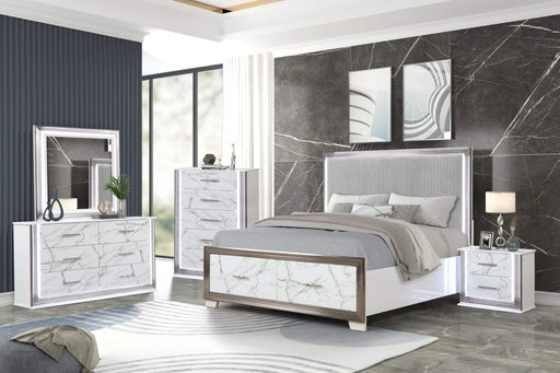Desire Queen 5-Piece Bedroom Set – LED Upholstered Bed with Footboard Storage, Dresser, Mirror, Nightstand, and Chest in White & Marble Finish with Metallic Accents(CA INVENTORY) Default -DTYStore