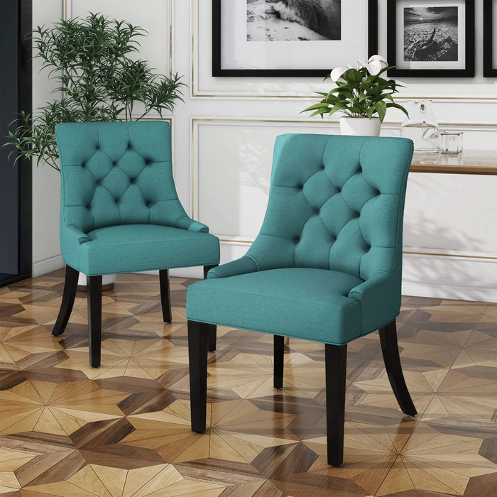 Dining Chair Set of 2 with Upholstered Diamond Tufting and Espresso Birch Legs, Teal Default -DTYStore