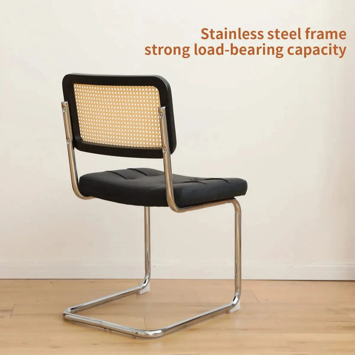 Dining Chairs Set of 2, Fauex Leather Rattan Side Accent Chairs with Chrome Legs, Modern Mid Century Breuer Designed Chairs, Upholstered Dining Living Room Kitchen Chairs (Black-2pcs) Default -DTYStore