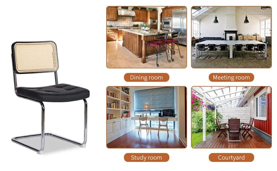 Dining Chairs Set of 2, Fauex Leather Rattan Side Accent Chairs with Chrome Legs, Modern Mid Century Breuer Designed Chairs, Upholstered Dining Living Room Kitchen Chairs (Black-2pcs) Default -DTYStore